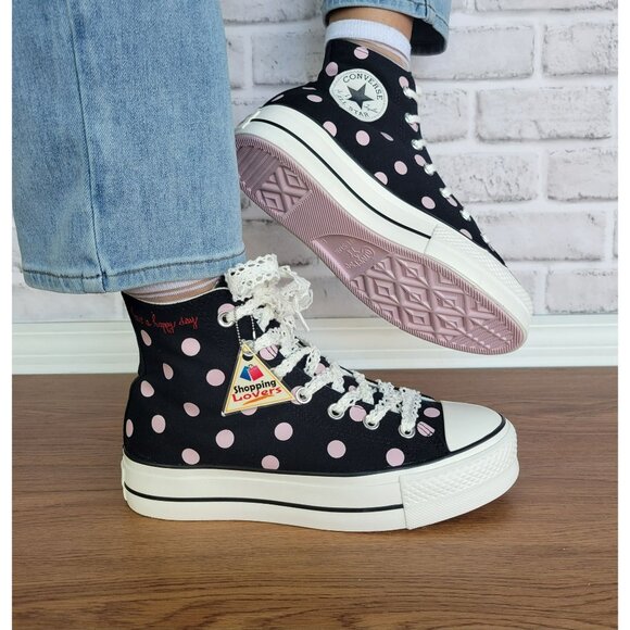 ⭐Converse Chuck Taylor Lift Platform Polka Dots 8 Women Shoes Black Pink A10688C - Picture 1 of 12